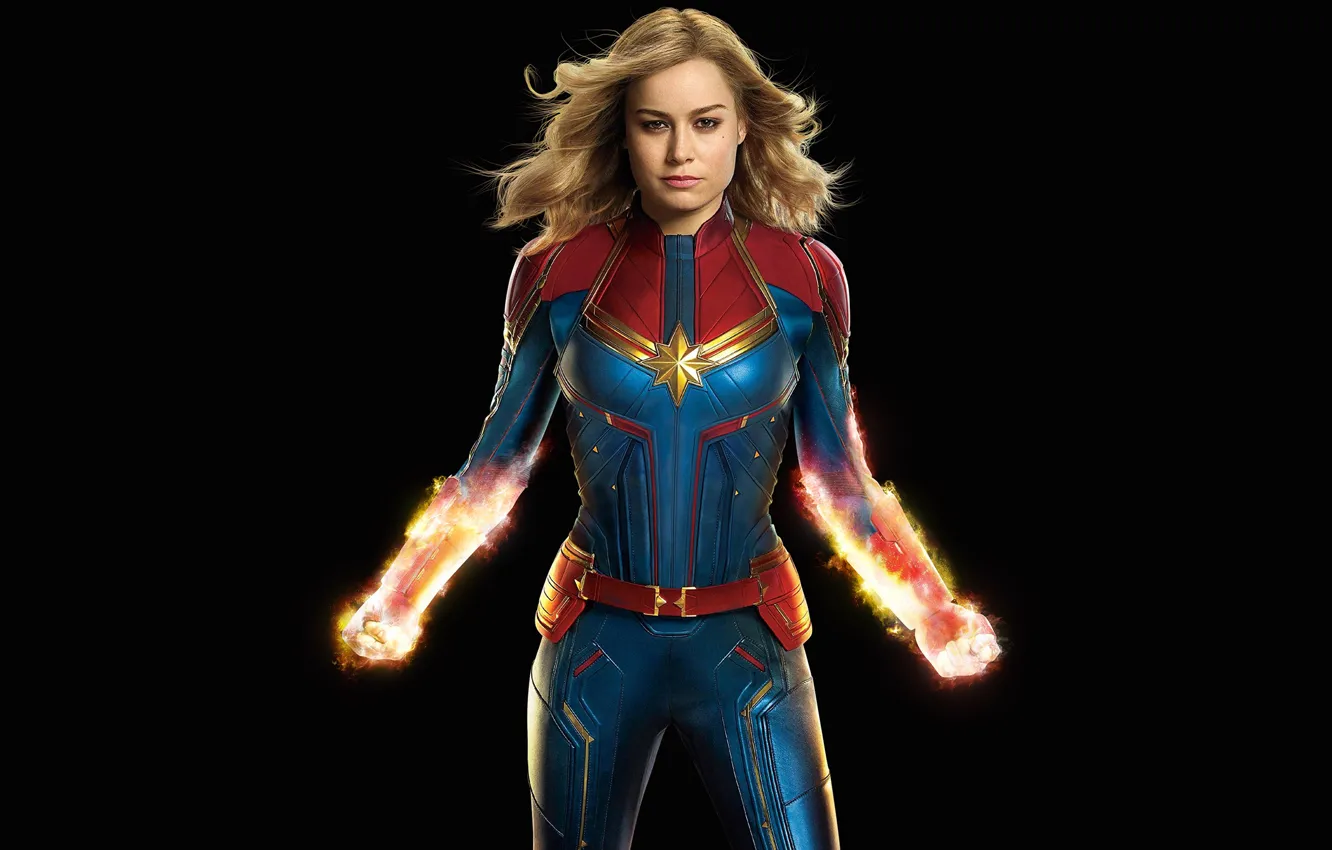 Фото обои девушка, фантастика, костюм, черный фон, супергерой, комикс, MARVEL, Carol Danvers