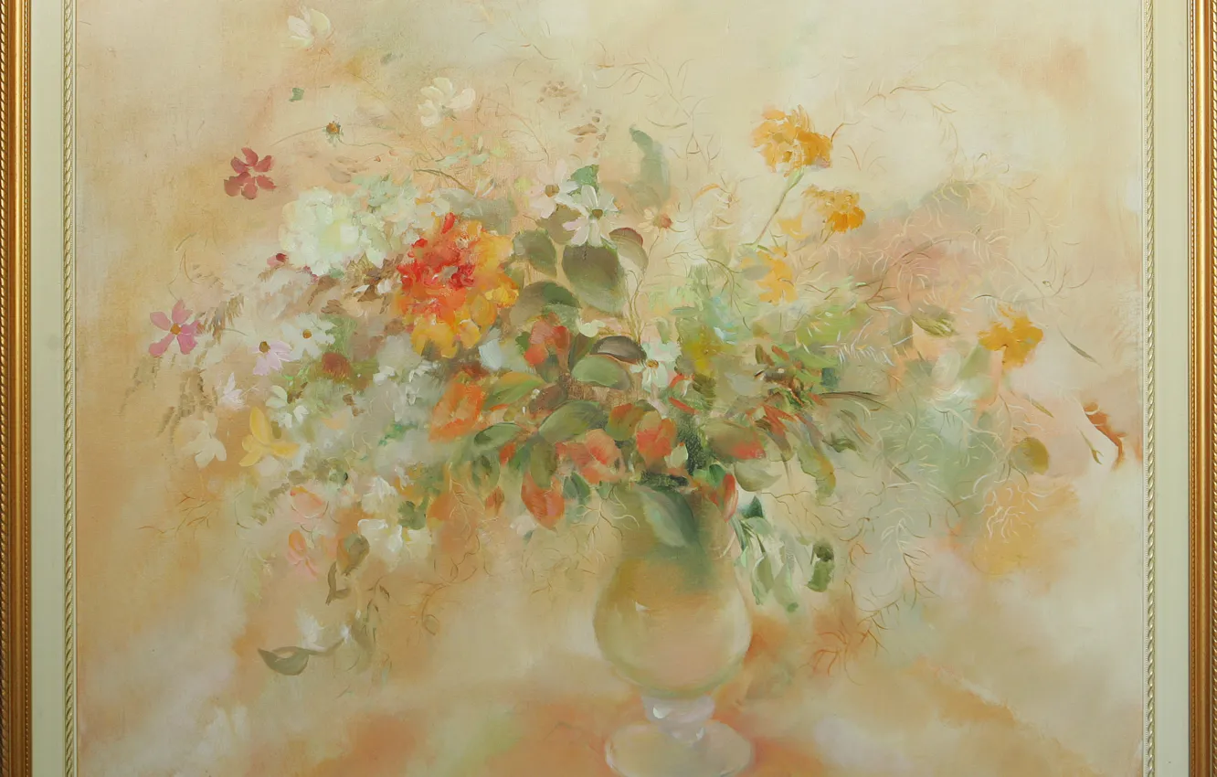 Фото обои картина, Orange, Натюрморт, Сфумато, сувенирная живопись, Петренко Светлана, белая ваза, отеннки розового