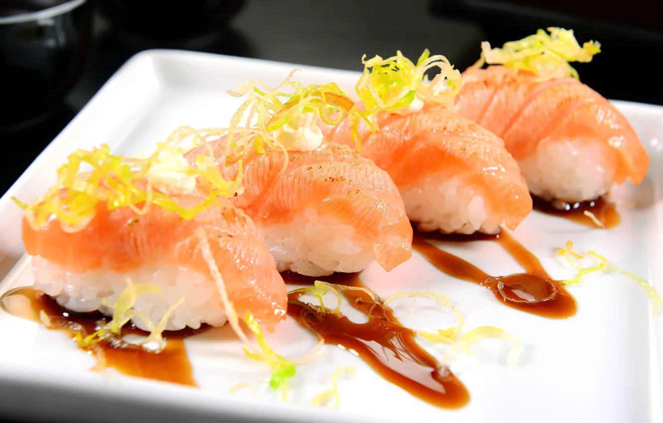 Фото обои рыба, соус, sushi, суши, морепродукты, seafoods