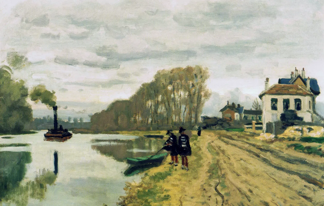 Фото обои пейзаж, картина, пароход, Клод Моне, Infantry Guards Wandering along the River