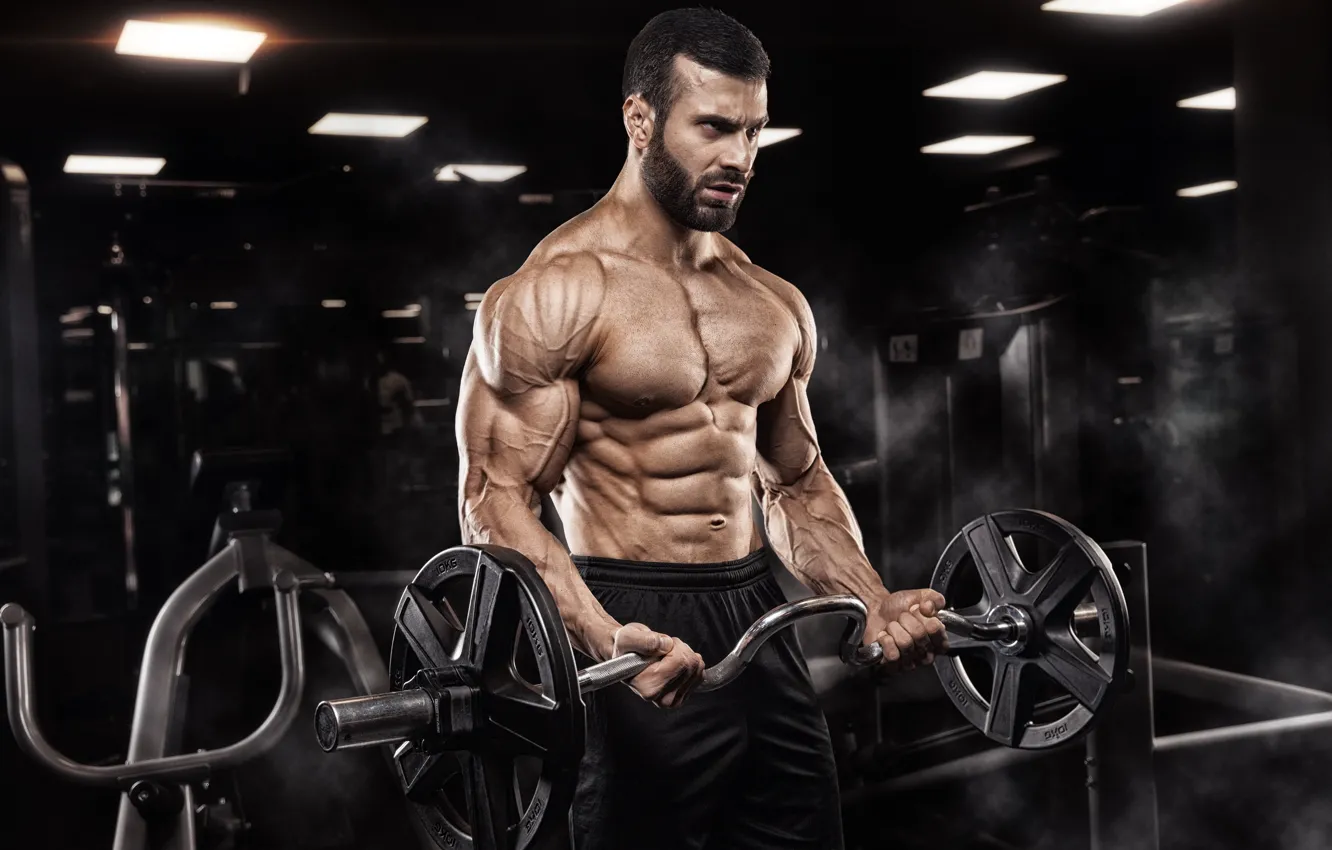 Фото обои поза, muscle, мышцы, штанга, атлет, бицепс, gym, бодибилдер