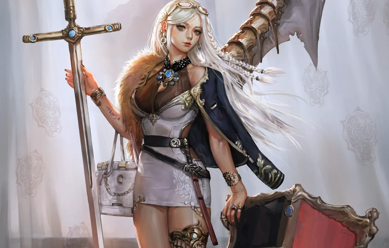 Фото обои girl, sword, fantasy, dress, weapon, blue eyes, blonde, digital art