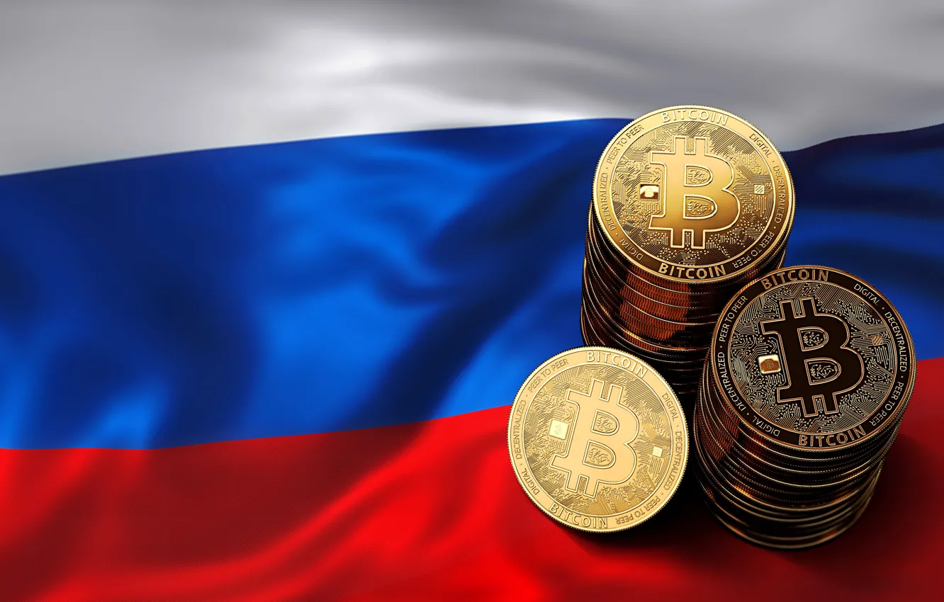 Фото обои флаг, монеты, россия, russia, flag, coins, bitcoin, биткоин