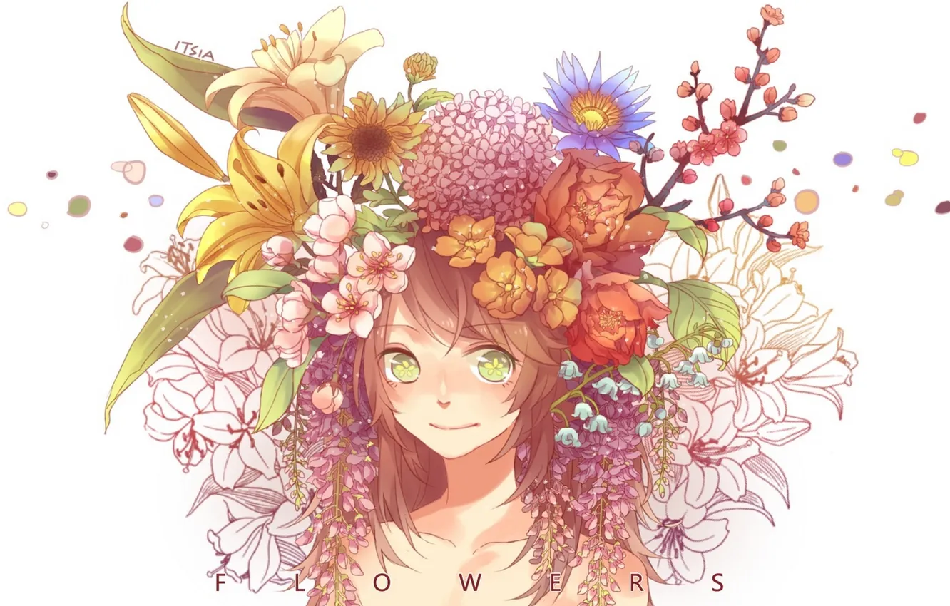 Фото обои девушка, цветы, улыбка, ветви, аниме, лепестки, сакура, арт