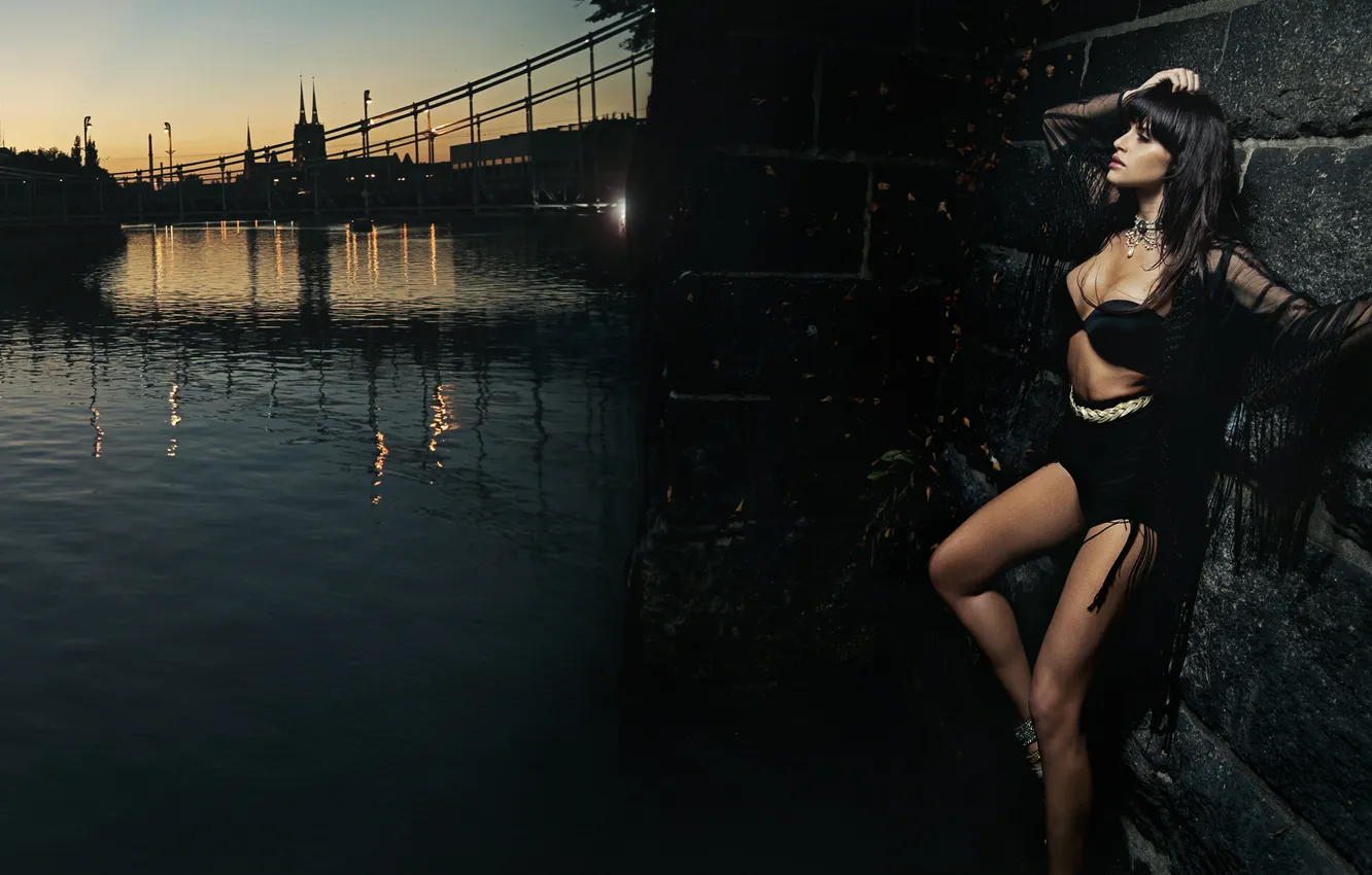 Фото обои девушка, мост, река, стена, вечер, брюнетка