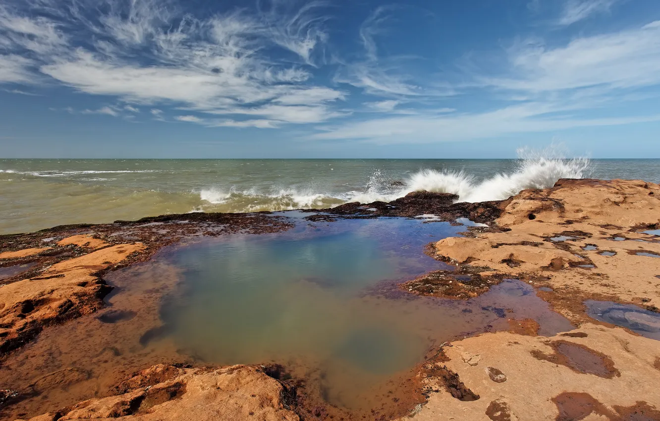 Фото обои море, камни, берег, волна