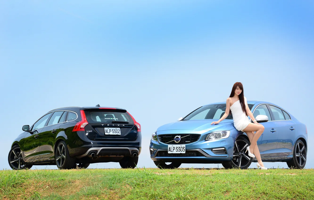 Фото обои взгляд, Девушки, Volvo, азиатка, автомобили, красивая девушка, позирует над машиной