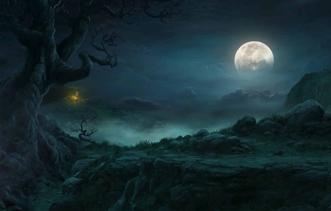 Фото обои облака, пейзаж, ночь, дерево, скалы, луна, хижина, diablo 3