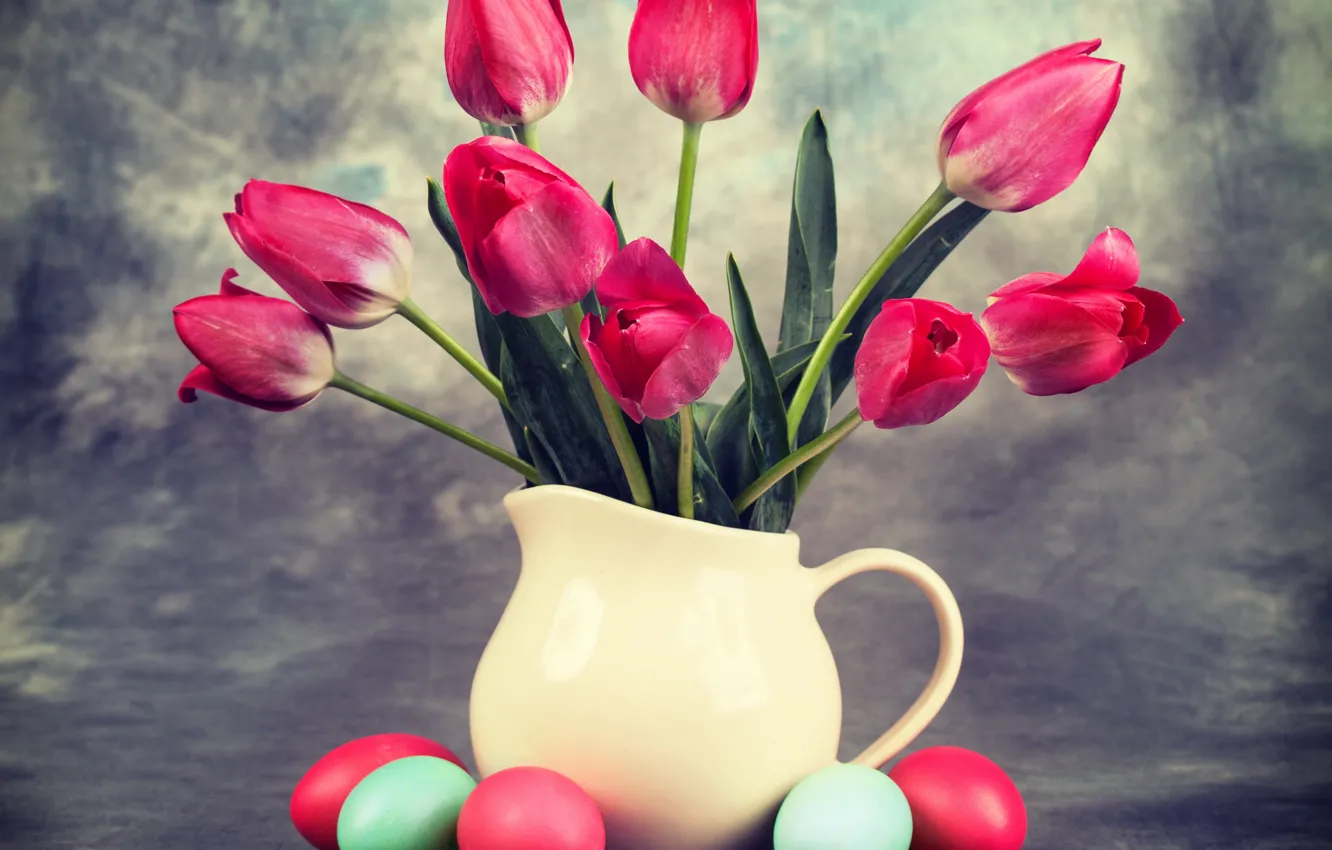 Фото обои яйца, Пасха, тюльпаны, tulips, Easter, eggs, vase, bouquet
