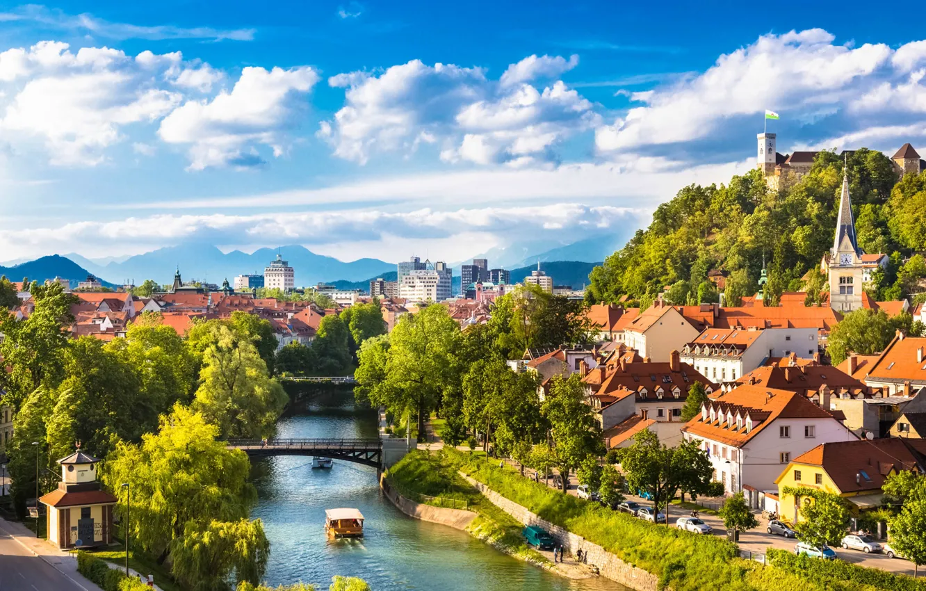 Фото обои город, река, Словения, Slovenia, Любляна, Ljubljana