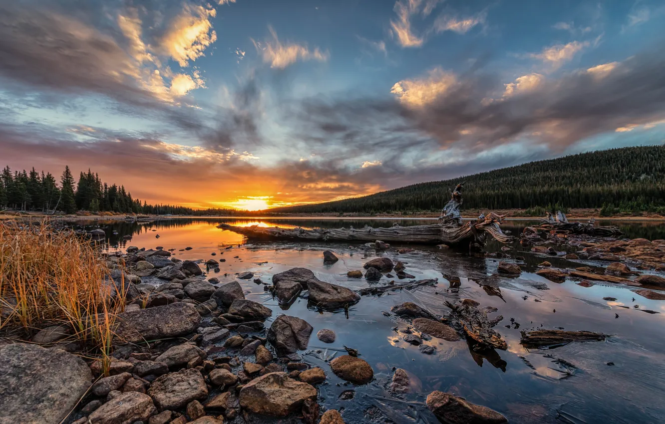 Фото обои закат, озеро, камни, США, Brainard Lake