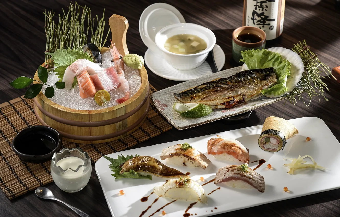 Фото обои рыба, суп, суши, морепродукты, ассорти
