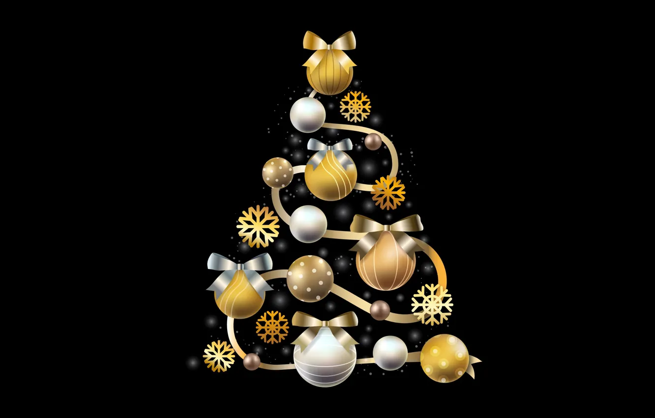 Фото обои украшения, золото, елка, Рождество, Новый год, golden, christmas, черный фон
