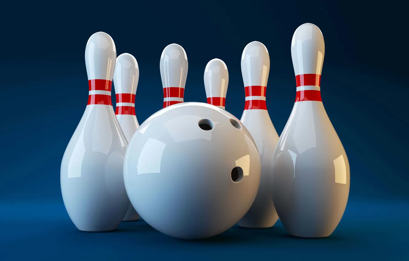 Фото обои Sports, White, Bowling ball, Blue background, Bowling pins