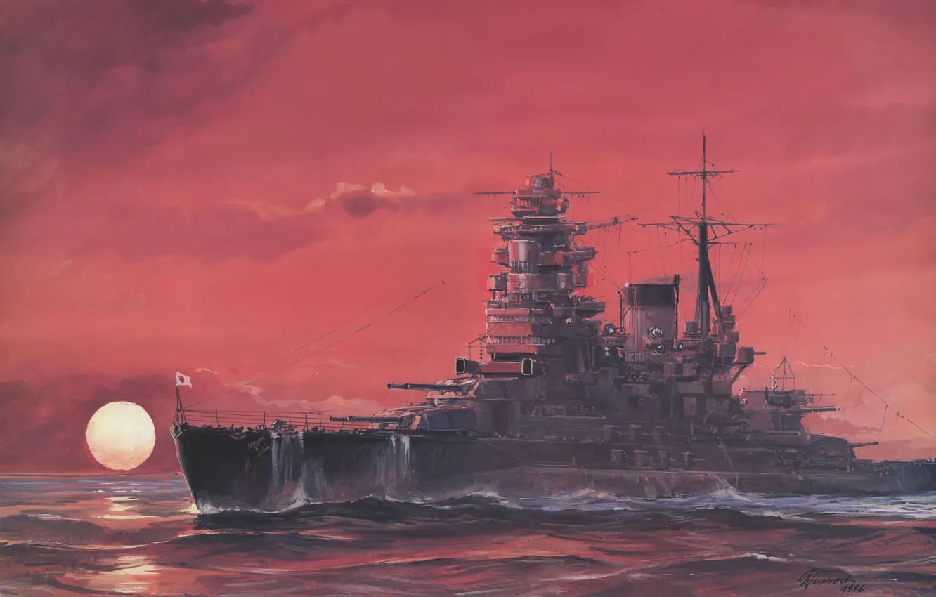 Фото обои корабль, арт, флот, военный, линкор, японский, battleship, WW2