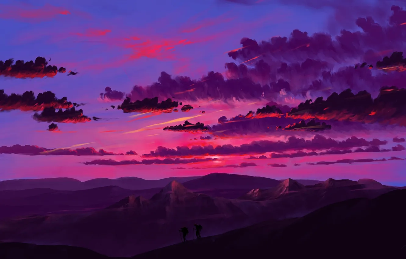 Фото обои twilight, sky, landscape, sunset, art, mountains, clouds, artist