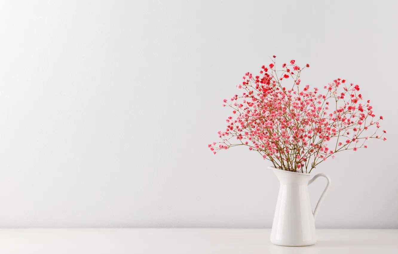 Фото обои цветы, букет, розовые, rose, кувшин, bouquet, гипсофила, gypsophile