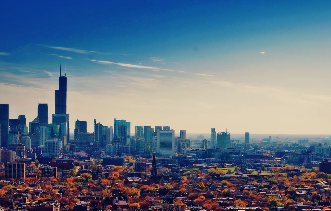 Фото обои осень, небо, небоскребы, Чикаго, USA, Chicago, мегаполис, illinois