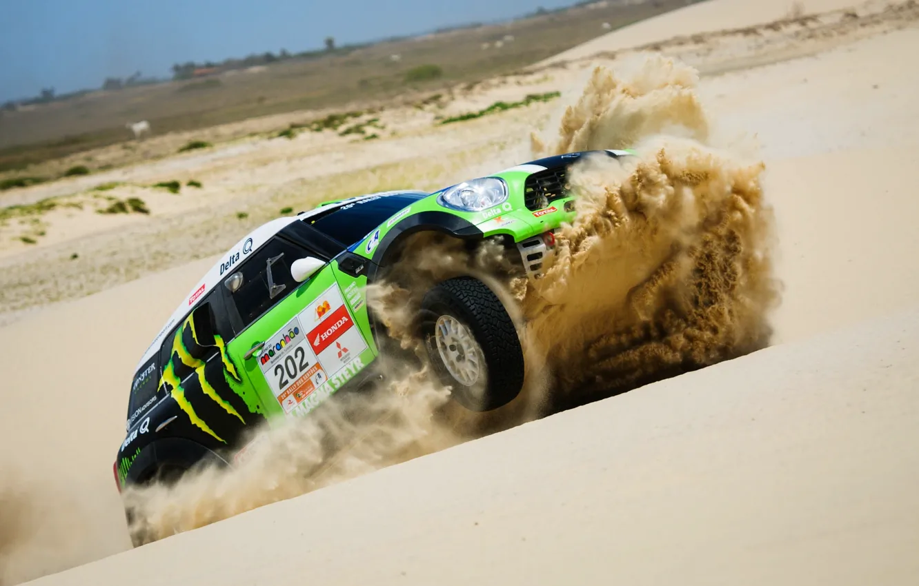 Фото обои Песок, Спорт, Зеленый, Скорость, Гонка, Mini Cooper, Rally, Dakar