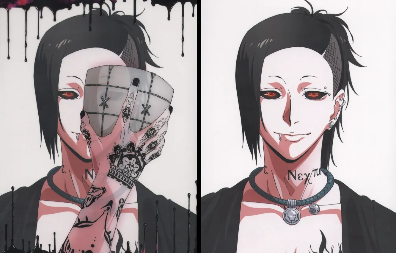 Фото обои монстр, маска, красные глаза, токийский гуль, Tokyo Ghoul, Uta, татуированный, людоед
