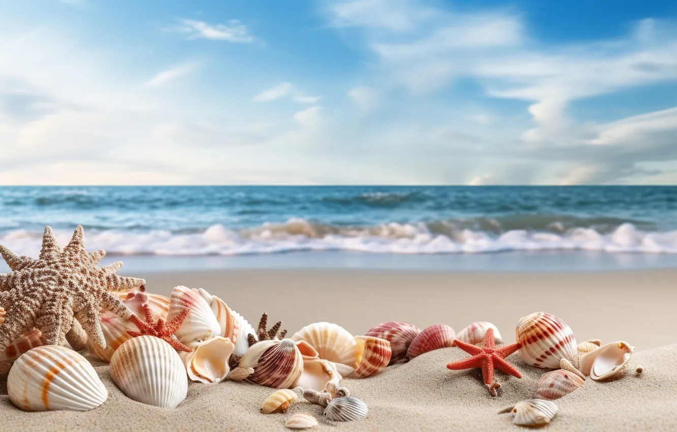 Фото обои песок, море, пляж, лето, небо, берег, ракушки, summer