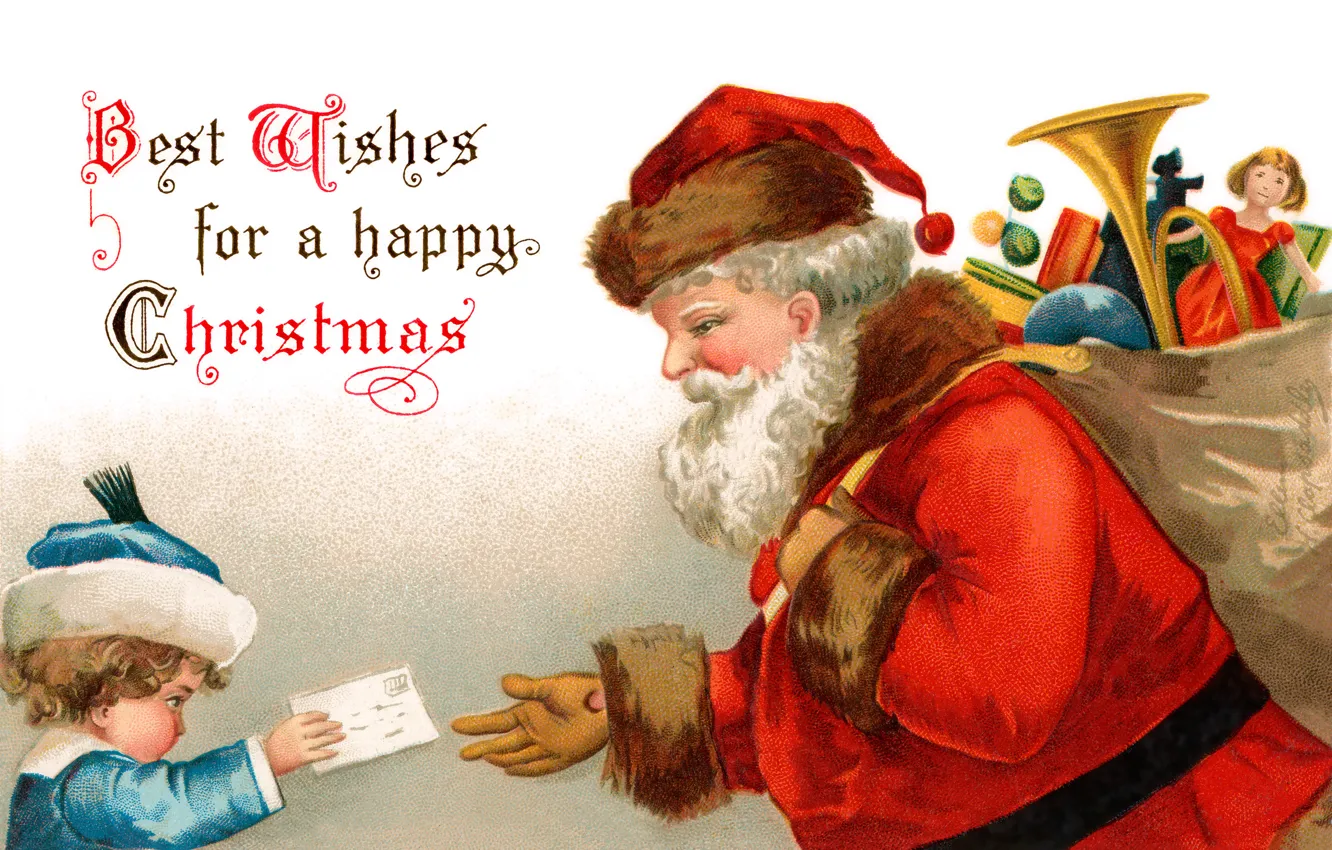 Фото обои письмо, игрушки, мальчик, Санта Клаус, мешок, Дед Мороз, открытка