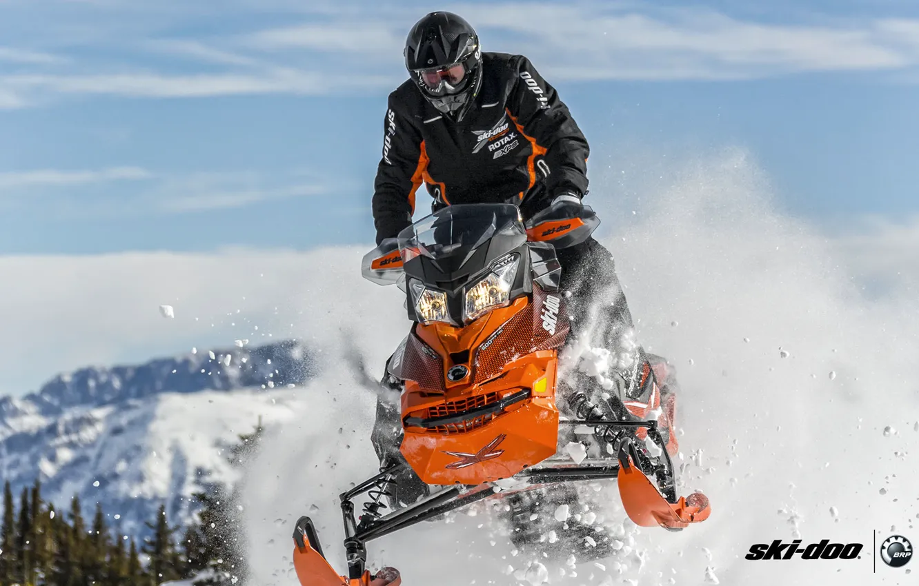Фото обои снег, оранжевый, снегоход, snowmobile, Ski Doo, фас
