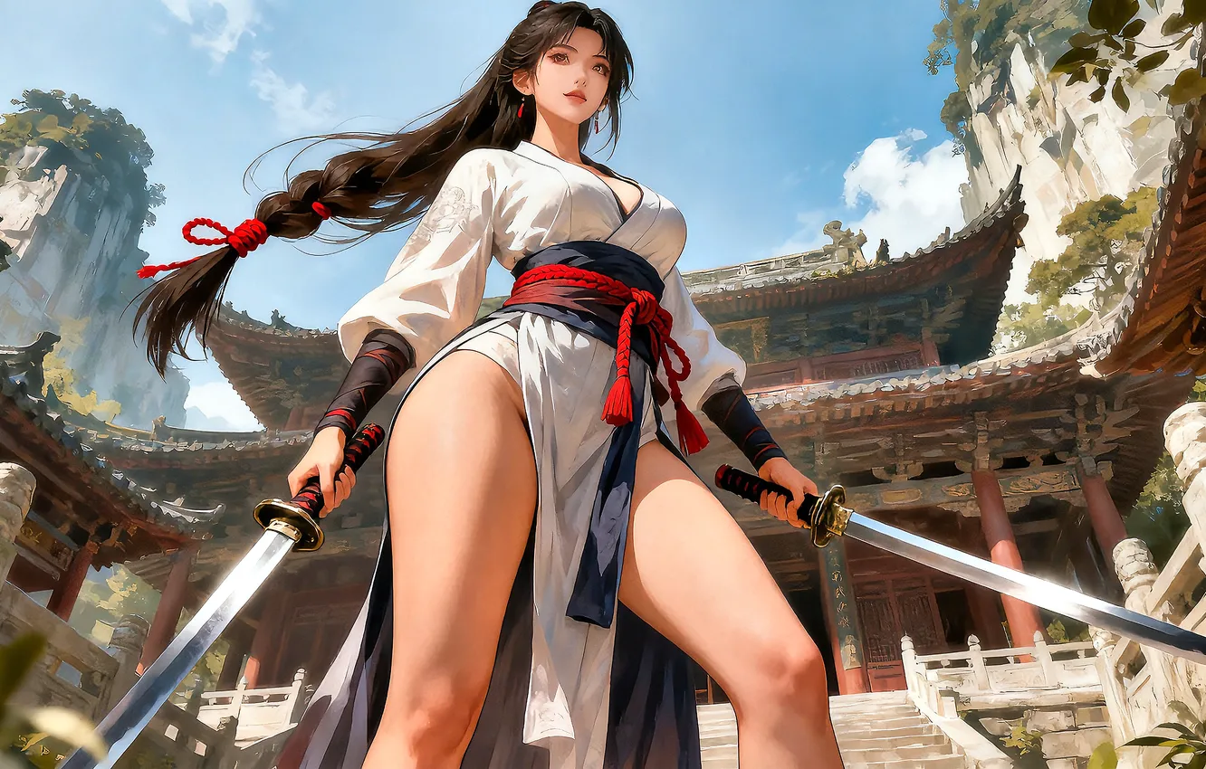 Фото обои girl, sword, fantasy, brunette, AI art