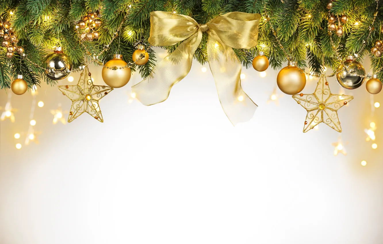 Фото обои украшения, шары, елка, Новый Год, Рождество, golden, бант, Christmas