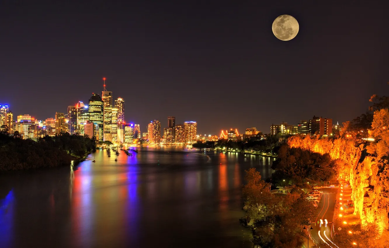Фото обои дорога, ночь, огни, пролив, небоскребы, Луна, панорама, Australia