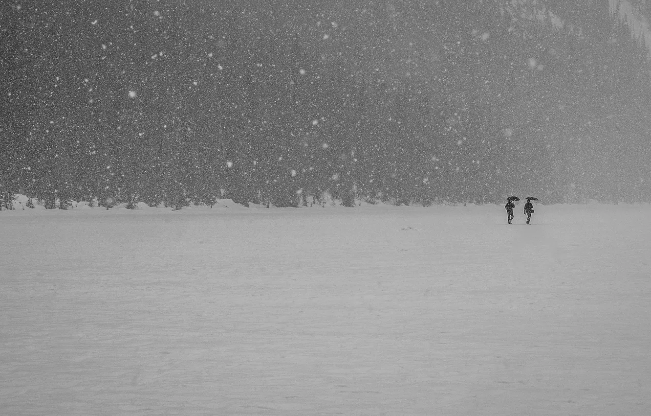 Фото обои зима, снег, горы, озеро, люди, зонт, прогулки, замороженные