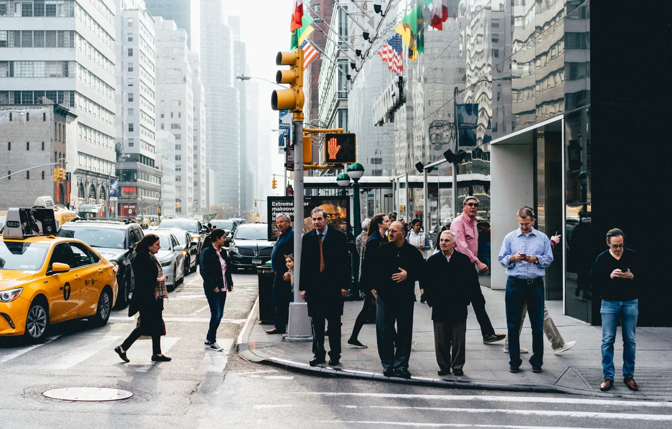 Фото обои United States, New York, people, streets, skyscrapers, cityscape, traffic lights, urban scene