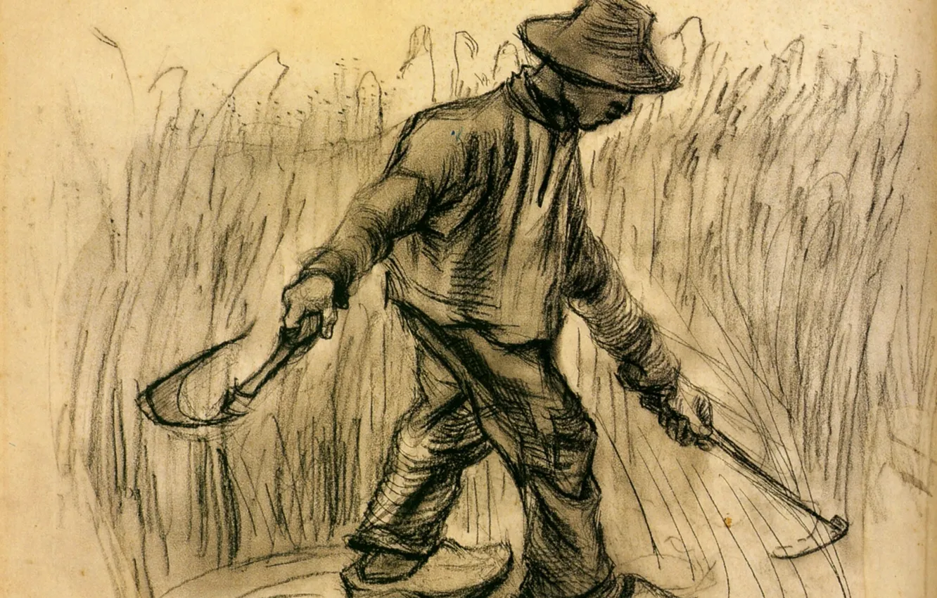 Фото обои серп, Vincent van Gogh, Reaper, рабочий в шляпе