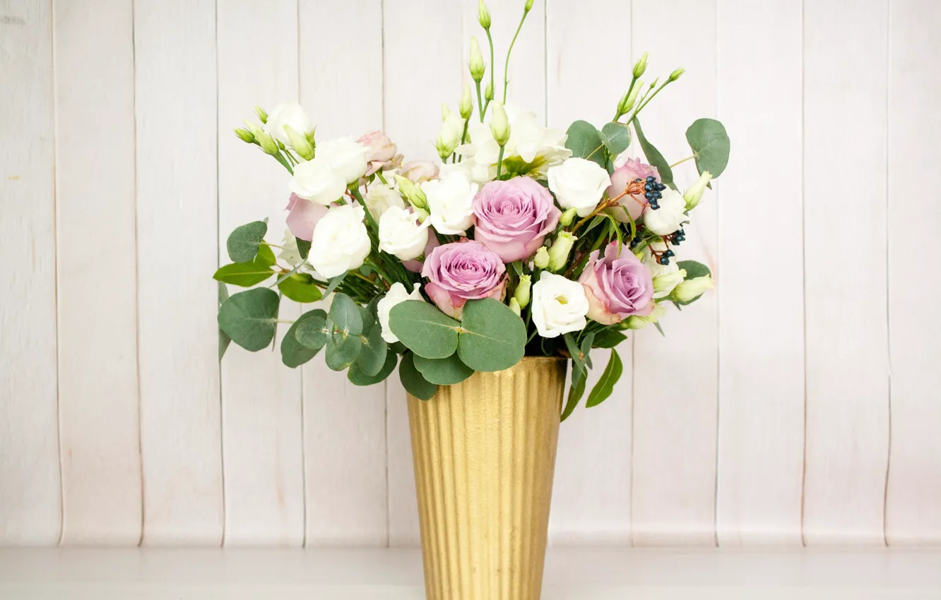 Фото обои цветы, роза, букет, ваза, эустома