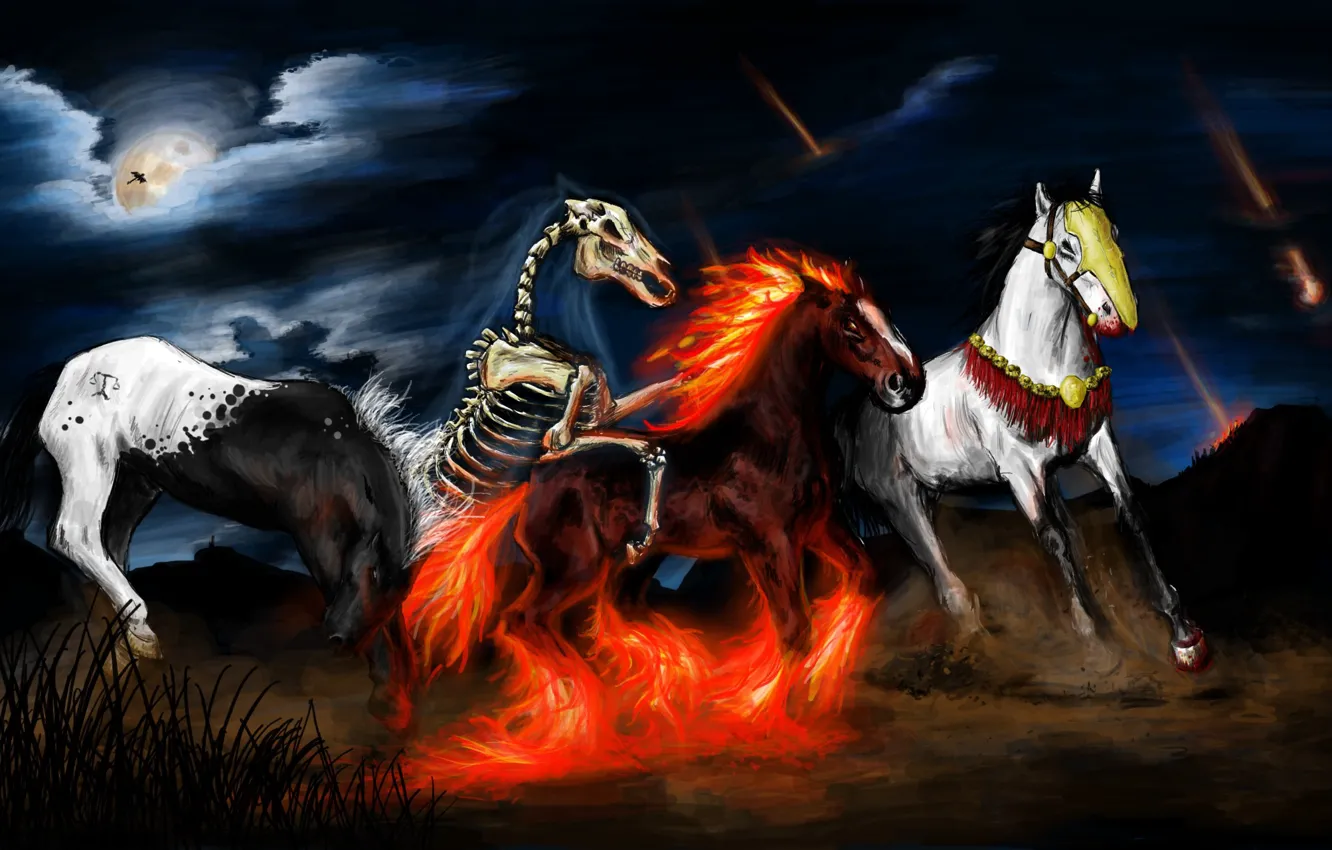 Фото обои небо, ночь, темнота, огонь, пламя, луна, рисунок, кони