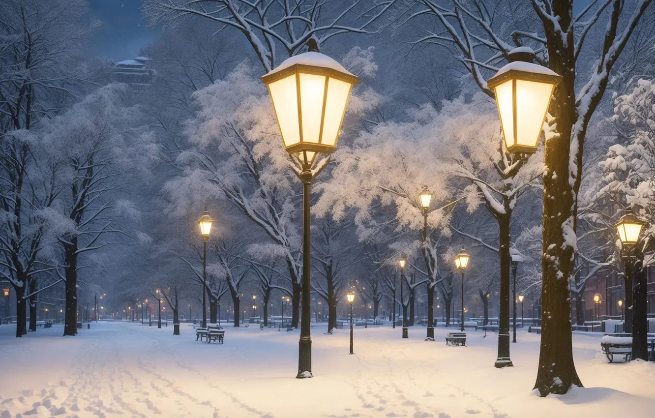Фото обои зима, снег, ночь, парк, улица, фонари, night, park