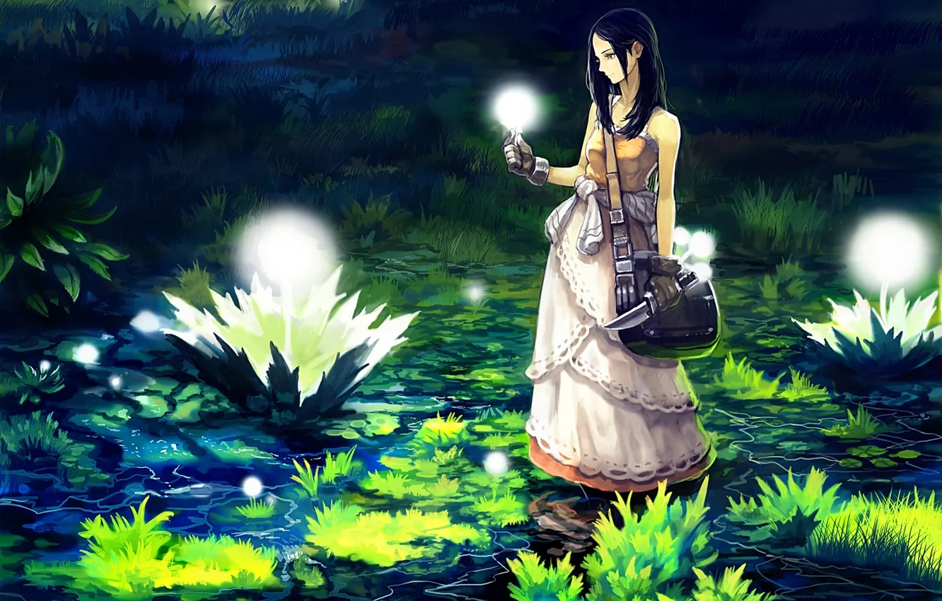 Фото обои вода, девушка, цветы, оружие, аниме, арт, нож, сумка