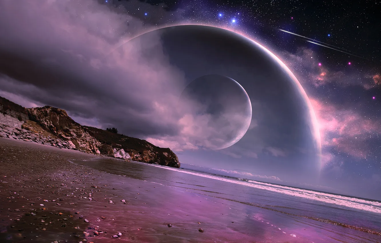 Фото обои море, берег, планеты, звёзды, метеориты, dreamworld