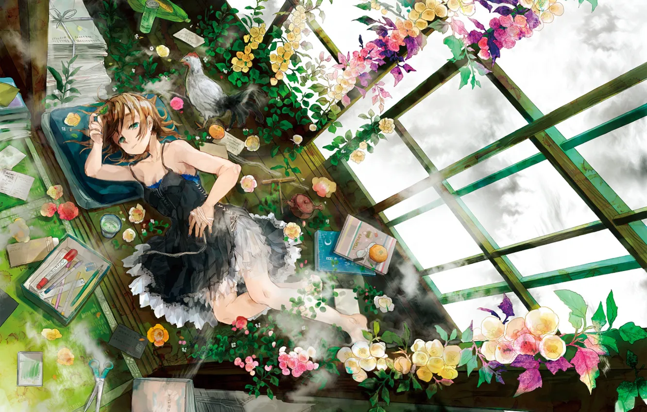 Фото обои девушка, цветы, окна, аниме, арт, лежит
