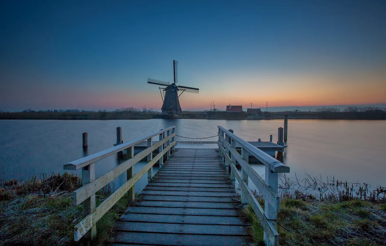 Фото обои мост, канал, Нидерланды, ветряная мельница, Киндердайк