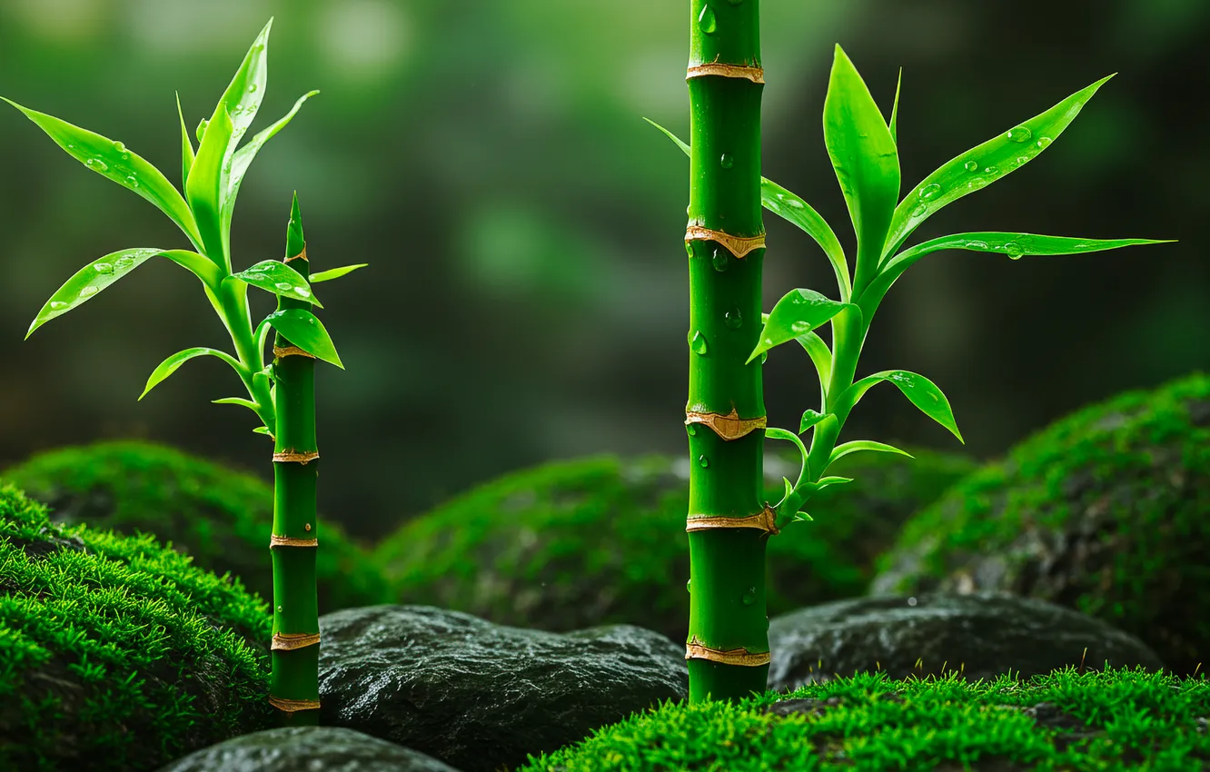 Фото обои ростки, камни, обои, мох, бамбук, wallpaper, боке, bokeh