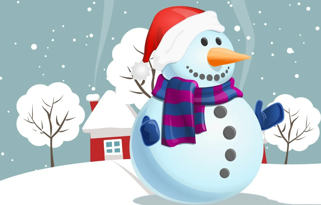 Фото обои праздник, шарф, Рождество, домик, снеговик