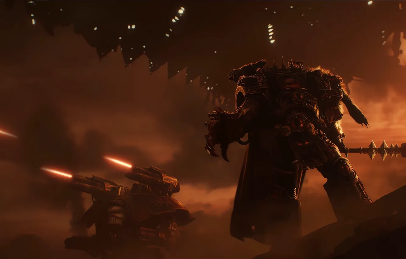 Фото обои дым, корабль, пушки, Warhammer, булава, титан, Trailer, Хорус