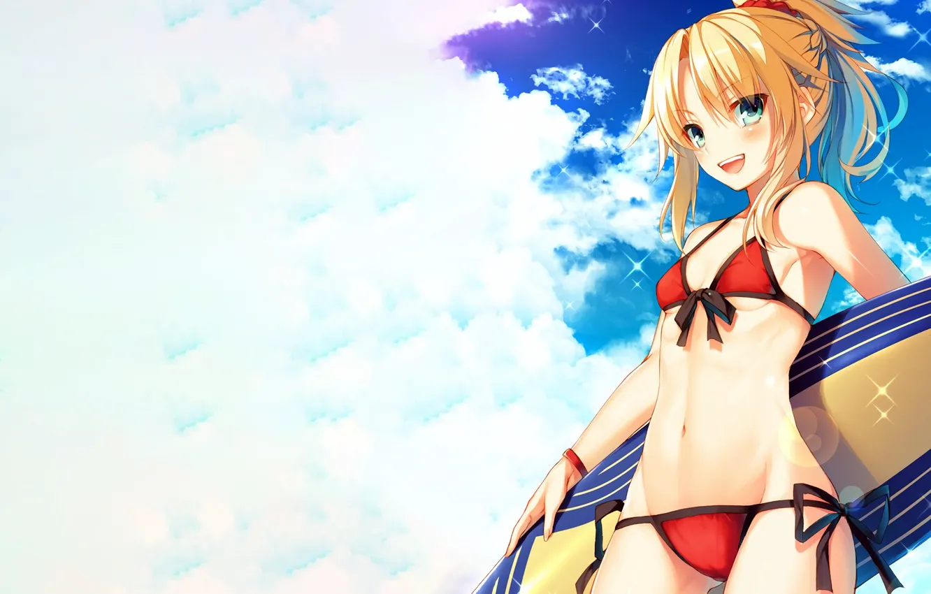 Фото обои girl, sexy, cleavage, sky, green eyes, long hair, boobs, anime