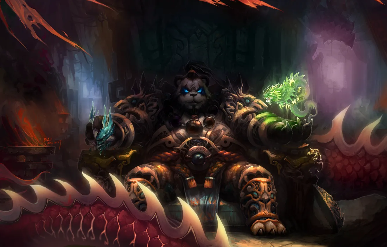 Фото обои магия, драконы, арт, панда, World of Warcraft, трон, Mists of Pandaria