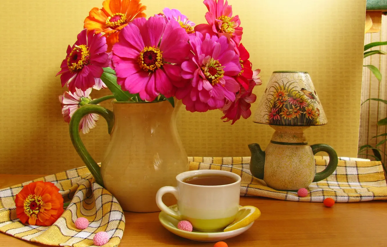 Фото обои lemon, flowers, cup, harmony, color, sweet, drink, cool