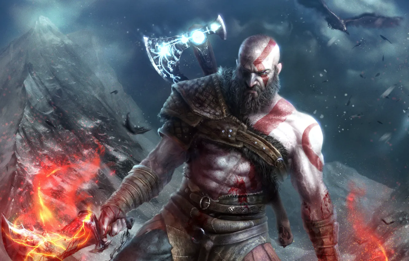 Фото обои взгляд, оружие, птица, игра, арт, борода, топор, Kratos