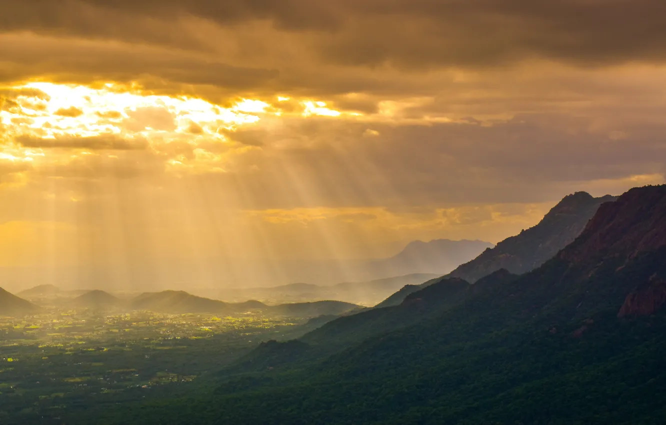 Фото обои Nature, Clouds, Landscape, Mountain, Sunshine, Sun between the Clouds, Sunlights