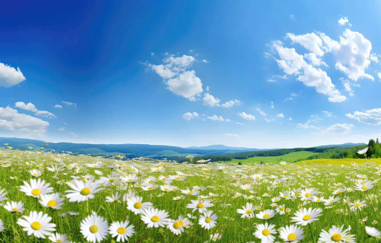 Фото обои поле, солнце, цветы, ромашки, весна, луг, sunshine, spring