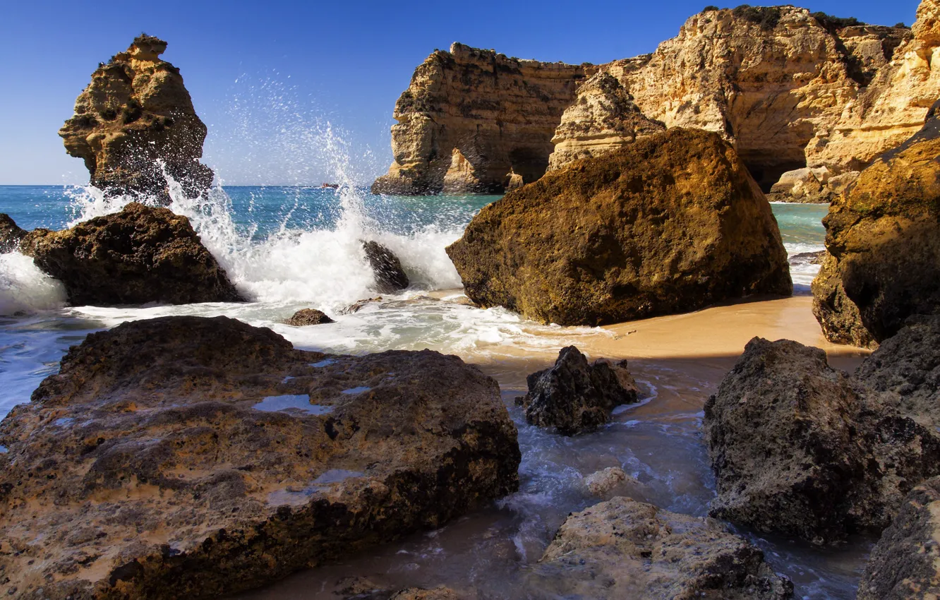 Фото обои брызги, скалы, побережье, Португалия